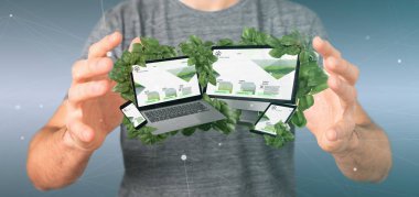 Bağlı aygıtlar tarafından çevreleyen tutan işadamı 3d bırakır