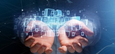 Blockchain küp ve ikili veri 3 bulutu tutan işadamı