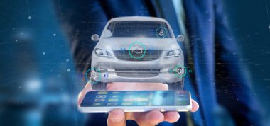 Checkings 3d render ile bir Smartcar holding adam