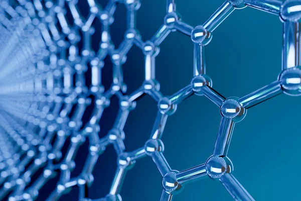 蓝色背景下的石墨烯分子纳米技术结构 — 图库照片