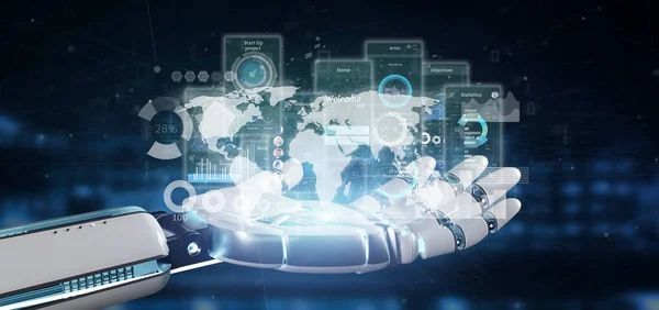 Cyborg handen håller användargränssnittet skärmar med ikonen, statistik och — Stockfoto