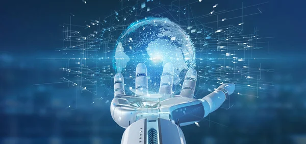 Cyborg mão segurando uma conexão em torno de um mundo renderi 3d — Fotografia de Stock