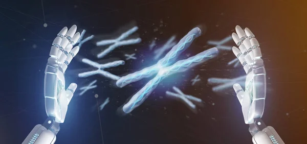 Cyborg-Hand hält eine Gruppe von Chromosomen mit Dna im Isolat — Stockfoto