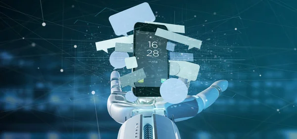 Cyborg mão segurando um Mensagens bolhas em torno de um smartphone — Fotografia de Stock