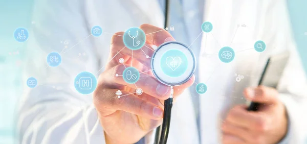 Empresario sosteniendo icono médico y conexión 3d renderizado —  Fotos de Stock