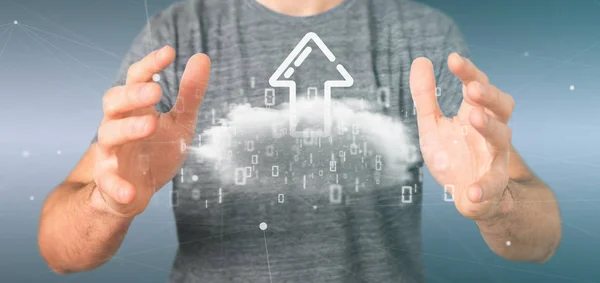 Бізнесмен тримає бінарну хмару з вивантаженням інтернет-стрілки 3d — стокове фото