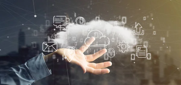 マルチ メディア アイコン 3d レンダリングの雲を保持している実業家 — ストック写真