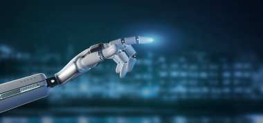 Cyborg robot el bir şehir arka plan 3d render