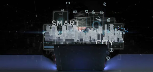 Хакер тримає інтерфейс користувача Smart City з піктограмою, статистика a — стокове фото