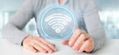WiFi simgesi ile durum ve ikili tutan işadamı kod 3d parçalamak