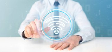 WiFi simgesi ile durum ve ikili tutan işadamı kod 3d parçalamak