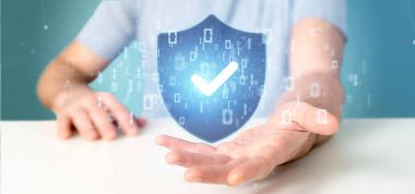 Bir asma kilit web güvenlik kavramı 3d render tutan adam