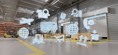 Bir ambar arka plan 3d render üzerinde lojistik organizasyon