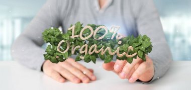 Ahşap bir logo % 100 organik ile tutan işadamı arou bırakır