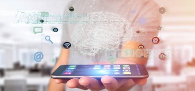 Yapay zeka kavramı ile render 3d tutan adam 