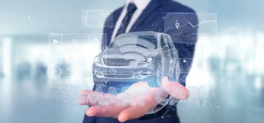 Bir Pano smartcar arabirimi Pano 3d renderin tutan adam