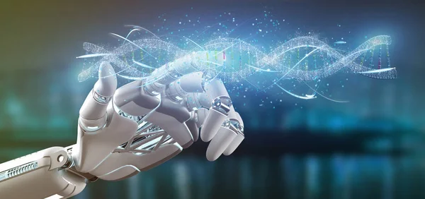 Cyborg mano sosteniendo una rama de ADN 3d renderizado — Foto de Stock