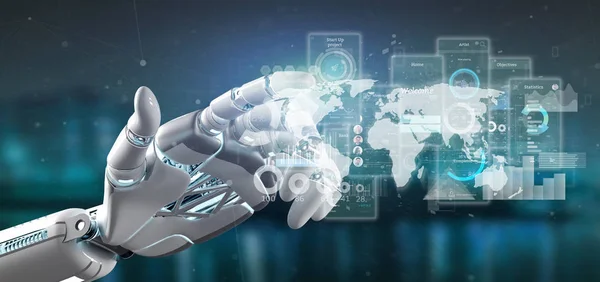 Cyborg ruky držící obrazovek uživatelského rozhraní s ikonou, statistiky a — Stock fotografie