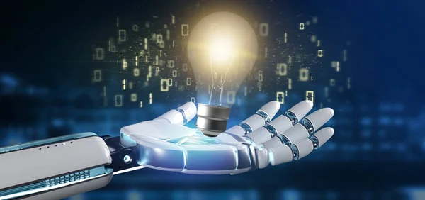 Cyborg mano sosteniendo un concepto de idea de lámpara de bombilla con todos los datos despertar — Foto de Stock