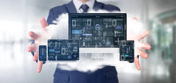 Empresario con dispositivos conectados a una red multimedia en la nube — Foto de Stock