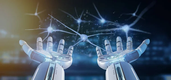 Cyborg hand holding a group of neuron 3d rendering — Stock Photo, Image