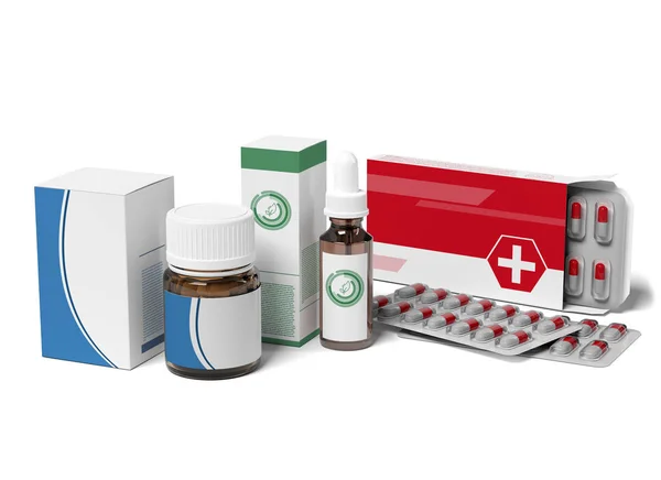 Embalaje farmacéutico Mockup - 3d renderizado —  Fotos de Stock