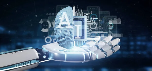 Kyborg-hånden holder kunstige intelligensikoner med halve hjernen – stockfoto