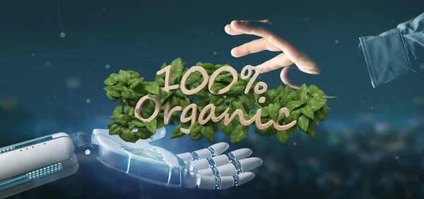 Cyborg sosteniendo un logotipo de madera 100% orgánico con hojas alrededor de 3d — Foto de Stock