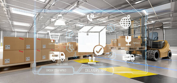 Logistic delivery service application on a warehouse background 