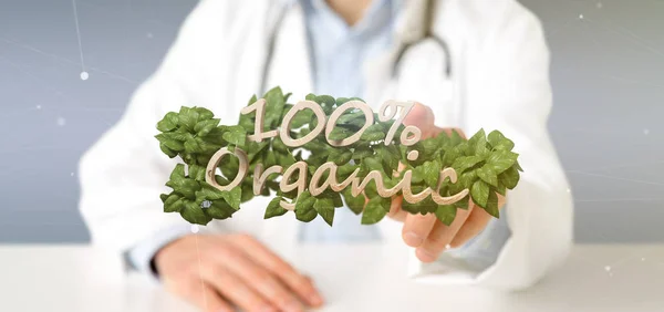 Doctor holding a Wooden logo 100 % organic with leaves around 3d