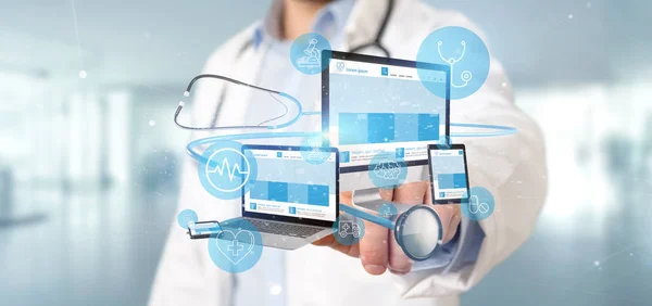 Arzt hält Geräte mit medizinischer Ikone und Stethoskop 3D-Rend — Stockfoto