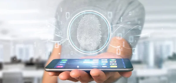 Affärsman som innehar ett digitalt fingeravtryck identifiering och bin — Stockfoto