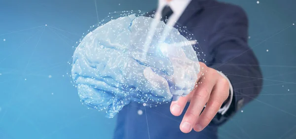Empresário segurando um 3d renderização cérebro artificial — Fotografia de Stock