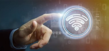 WiFi simgesi ile durum ve ikili tutan işadamı kod 3d parçalamak