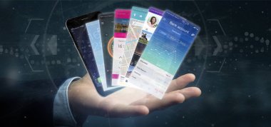 Mobil uygulama şablon bir akıllı telefon üzerinde tutan işadamı 