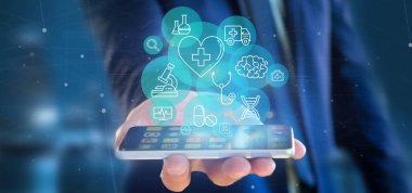 Tıbbi simge ve bağlantı 3d render tutan işadamı