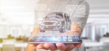 Bir Pano smartcar arabirimi Pano 3d renderin tutan adam