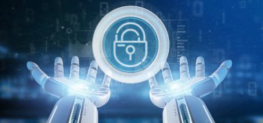 Güvenlik asma kilit tekerlek simgesi ile durum ve ikili tutan cyborg