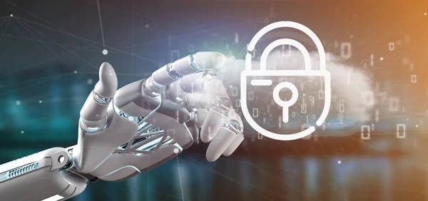 Cyborg holding a Binary cloud with internet security padlock 3d — Stock Photo, Image