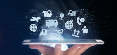 Lojistik organizasyon simgesi konektörüyle ile tutan işadamı