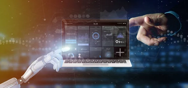 Cyborg hand holding Laptop with business user interface data on — Stock Photo, Image