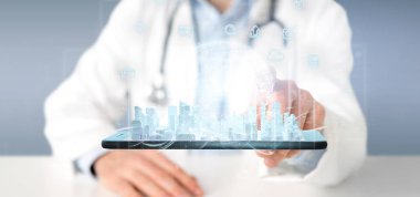 Akıllı şehir kullanıcı arabirimiyle simgesi, istatistikleri ve da tutan doktor