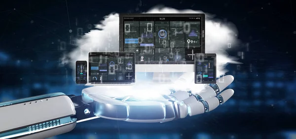 Cyborg ręka trzyma urządzenia podłączone do chmury kablo multimedialnych — Zdjęcie stockowe