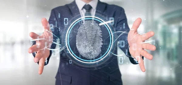 Businessman holding a Digital fingerprint identification and bin