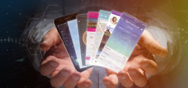 Mobil uygulama şablon bir akıllı telefon üzerinde tutan işadamı 