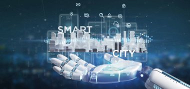 Cyborg el akıllı şehir kullanıcı arabirimi simgesini, istatistikleri ile tutarak bir