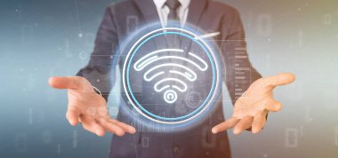 WiFi simgesi ile durum ve ikili tutan işadamı kod 3d parçalamak