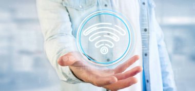 WiFi simgesi ile durum ve ikili tutan işadamı kod 3d parçalamak