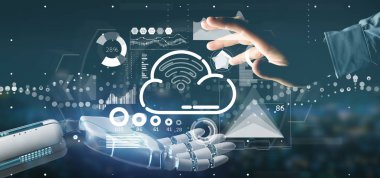 Cyborg el simgesi, istatistikleri bulut ve wifi konseptiyle tutarak ve 