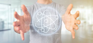Veri ile çevrili bir atom simgesi tutan işadamı